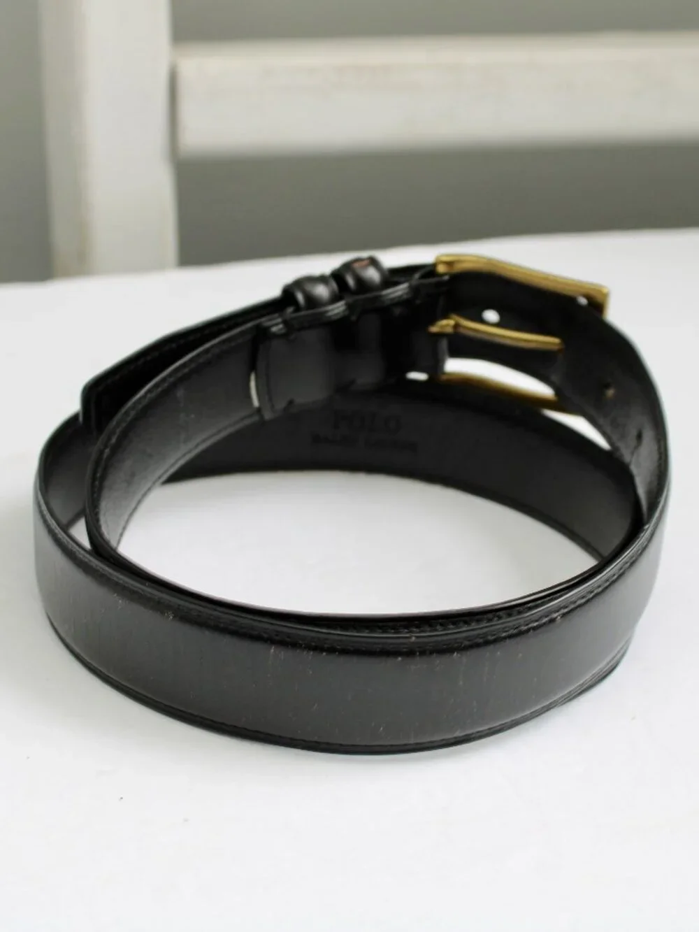 Polo Ralph Lauren Men's Black Leather Waist Belt with Gold Brass Buckle Size 36